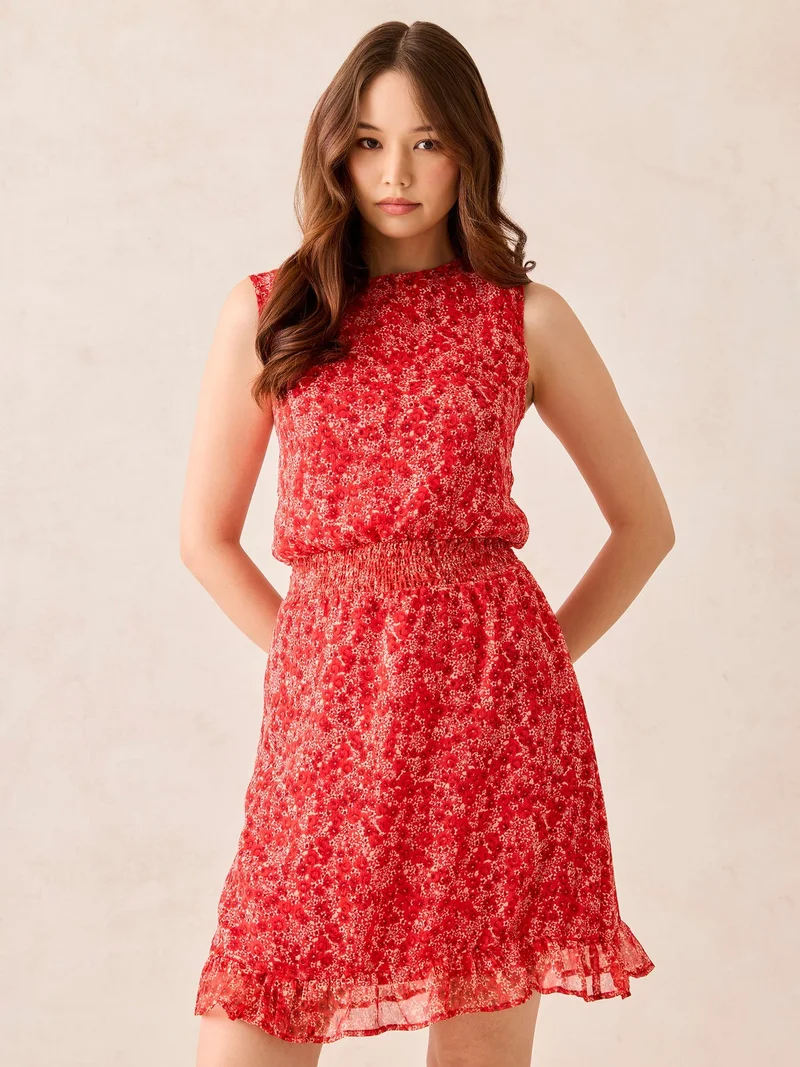 Outzidr  Red Waist Smocked Fit And Flare Mini Dress for Women | Best Price UAE